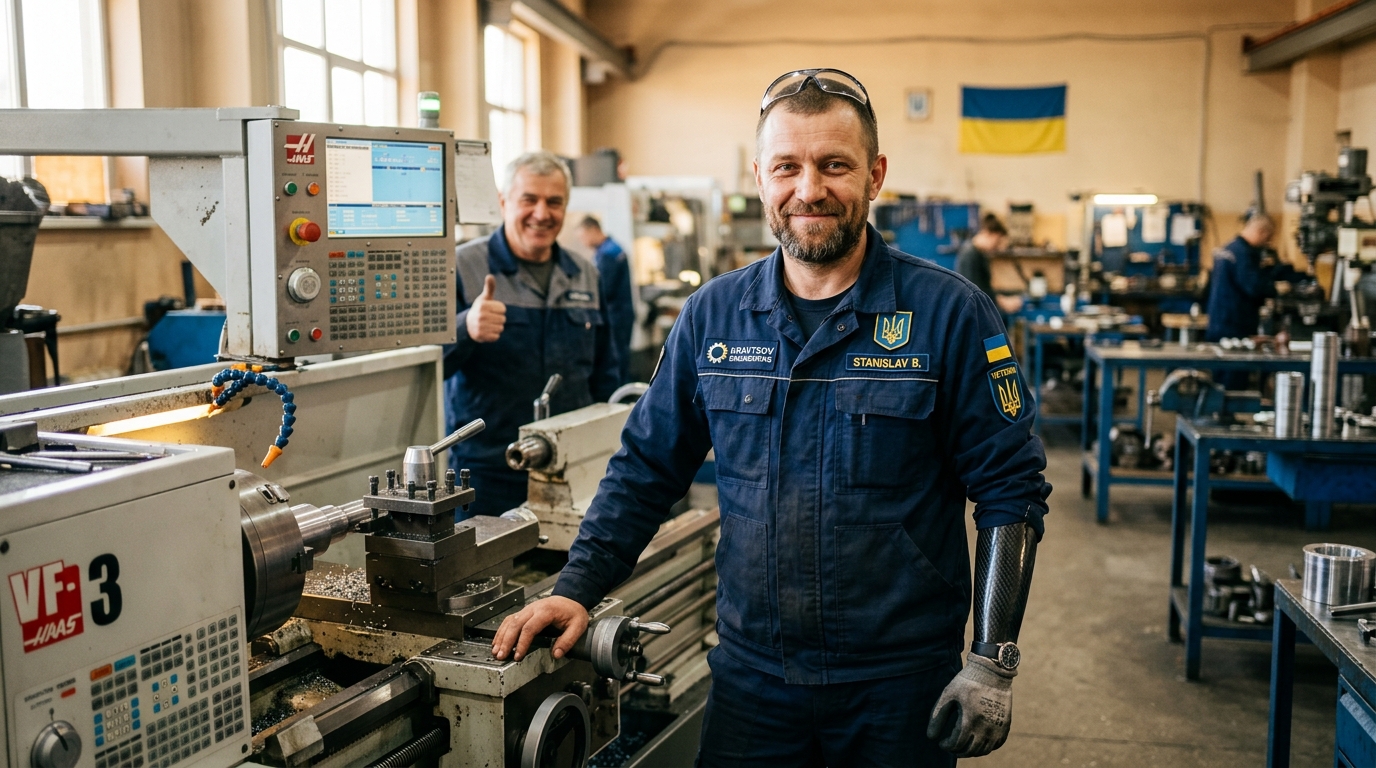 Veteran_standing_by_CNC_lathe Veteran standing by CNC lathe