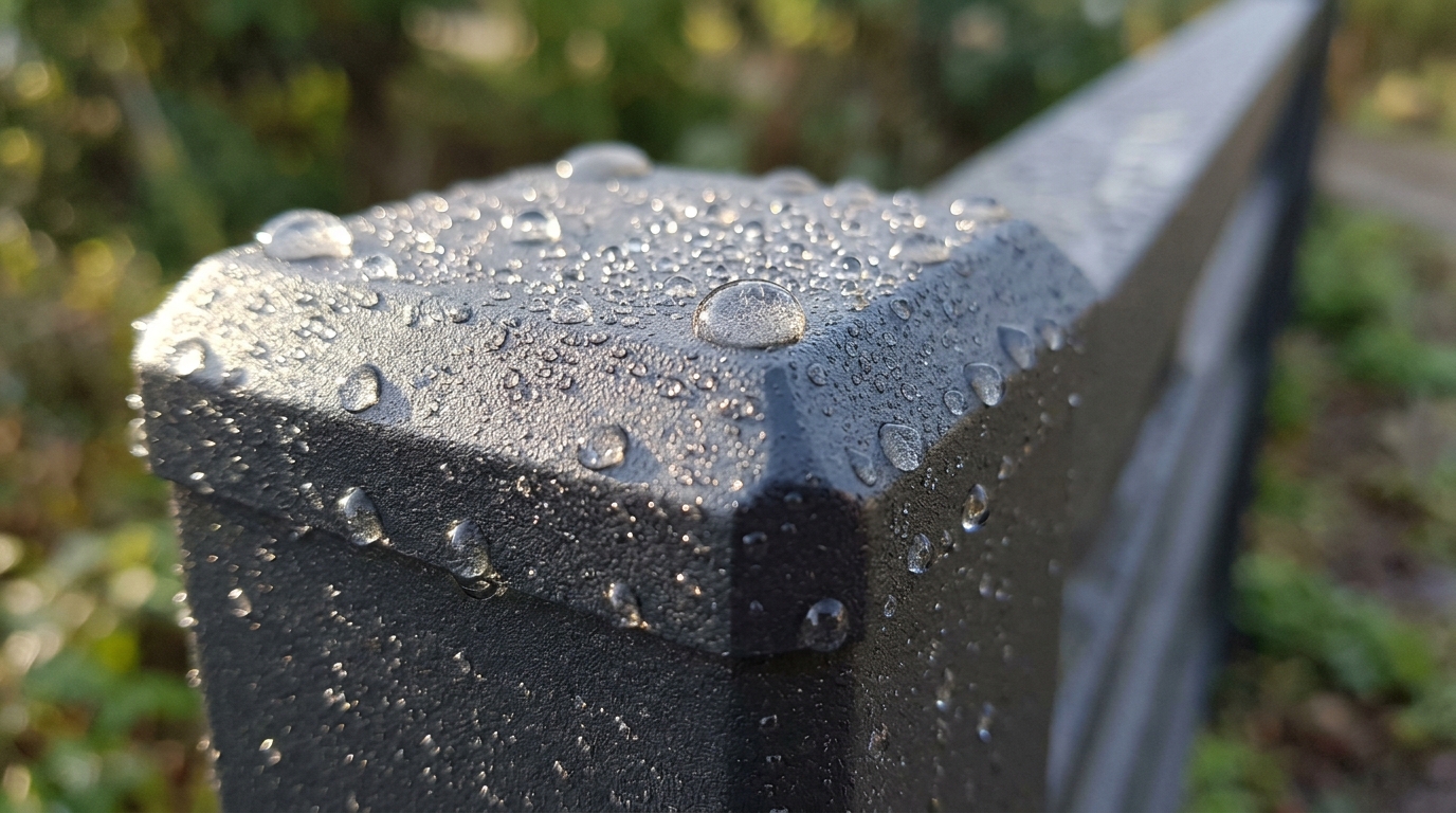 Dew_drops_on_steel_fence_20261018150640 Dew drops on steel fence 20261018150640