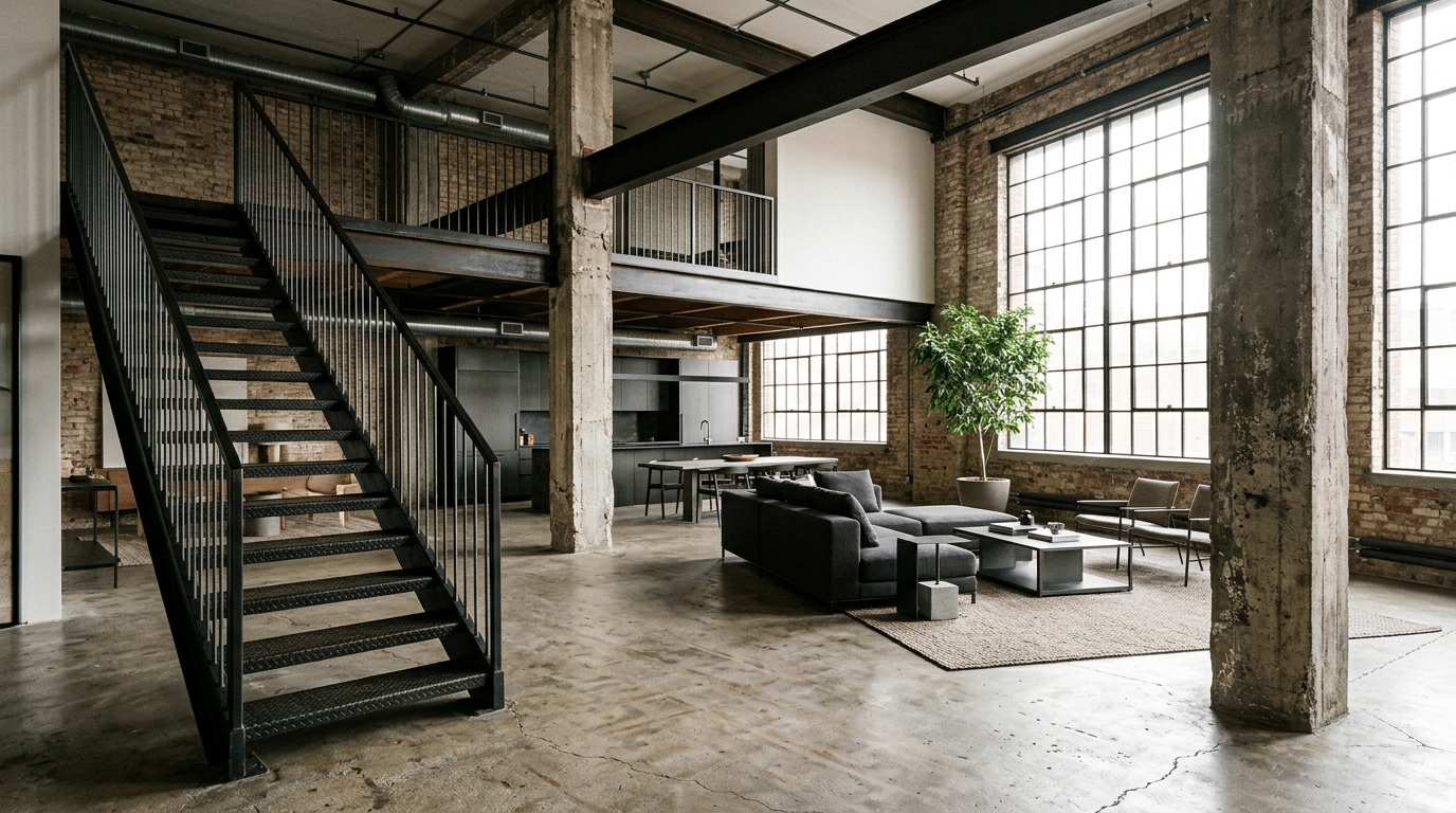 Industrial metal stairs in interior 20261026074521