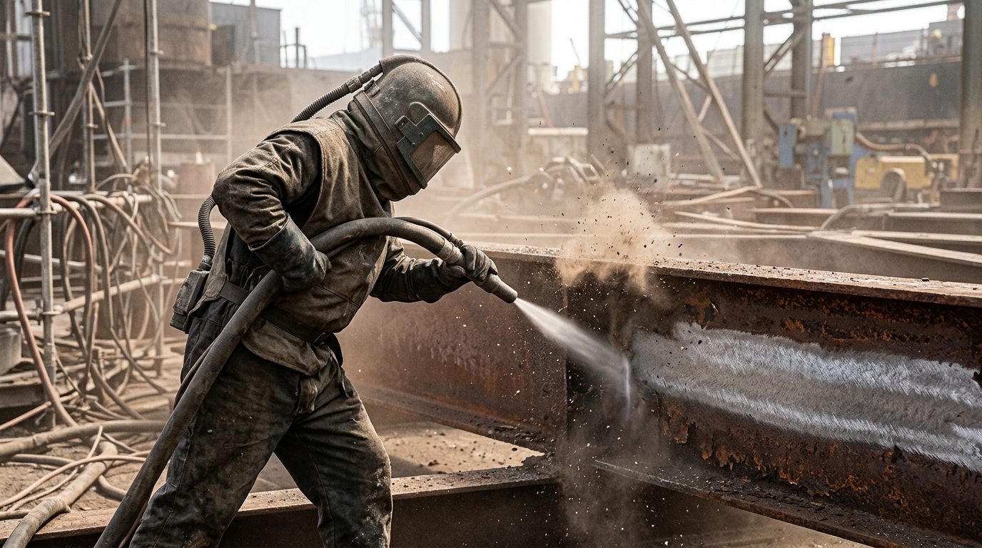 Worker_abrasive_blasting_steel_beam_20261018150640 Worker abrasive blasting steel beam 20261018150640